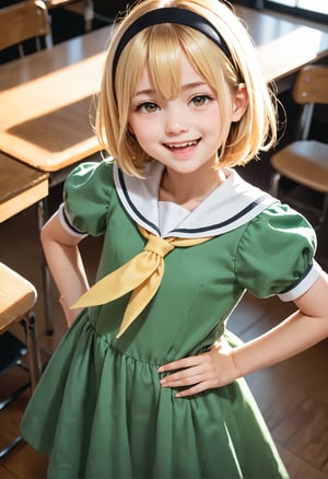 (masterpiece,score_9,score_8_up,score_7_up,score_6_up,fyx),houjousatoko01,loli,high-angle_view,blonde hair,short hair,hair between eyes,brown eyes,
black hairband,(narrowed eyes,smile,open mouth,green dress),sailor dress,white sailor collar,yellow neckerchief,short sleeves,puffy sleeves,black pantyhose,
hand on hip,classroom,dewy skin,perspiration on skin,skin texture,fine lines,natural imperfections,light reflections,pores,glossy skin