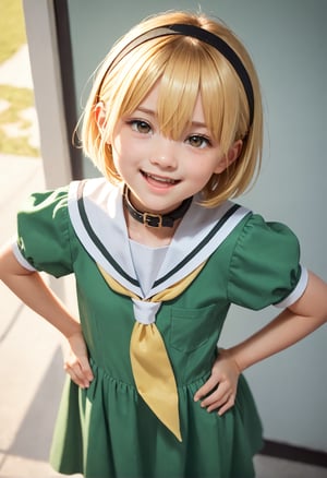 (masterpiece,score_9,score_8_up,score_7_up,score_6_up),houjousatoko01,loli,high-angle_view,blonde hair,short hair,hair between eyes,brown eyes,
black hairband,(narrowed eyes,smile,open mouth,green dress),sailor dress,white sailor collar,yellow neckerchief,short sleeves,puffy sleeves,black pantyhose,
hand on hip,classroom,(sunset),dewy skin,perspiration on skin,skin texture,fine lines,natural imperfections,light reflections,pores,glossy skin