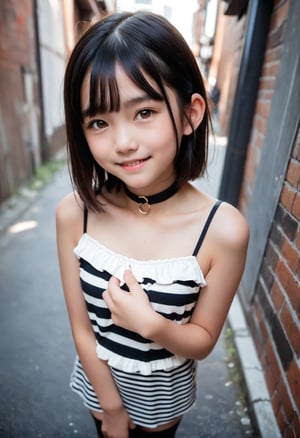 (masterpiece,score_9,score_8_up,score_7_up,score_6_up,fyx,high-angle_view),foreshortening,upper body,female child,small breasts,
walking,hands on breasts,looking at viewer,(smile,half open eyes),brown eyes,black hair,one side up,choker,multicolored camisole,frills,thighhighs,
dewy skin,perspiration on the skin,skin texture,fine lines,pores,natural imperfections,light reflections,glossy skin,
photo background,dark back alley,Japanese,enakorin