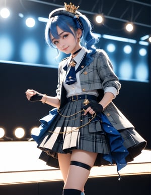 (fyx,masterpiece,score_9,score_8_up,score_7_up,score_6_up),HoshimachiSuisei,SuiseiBase,side ponytail,blue hair ribbon,plaid beret,crown,blue star choker,star earrings,blue ascot,
grey plaid jacket,grey plaid skirt,layered skirt,partially fingerless gloves,star bracelet,uneven legwear,thigh strap,smile,arms at side,stage,stage lights,more detail XL