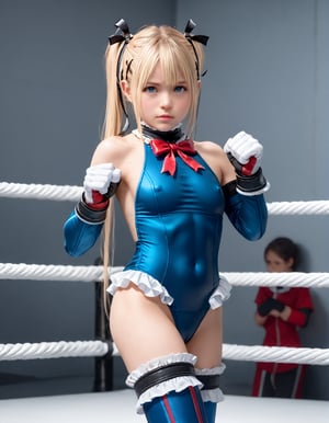 (masterpiece,score_9,score_8_up,score_7_up,score_6_up),solo,(loli,female child,flat chest:1.3),embarrassed,(blue eyes,eye reflection,kicking,sweat),nipple outline,mons pubis,camel toe,side view,
fighting ring,marie rose,doamarie,frilled choker,red bowtie,blue one-piece swimsuit,frilled swimsuit,blue sleeves,detached sleeves,gloves,blue thighhighs,frilled thighhighs