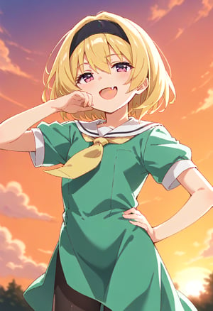 (masterpiece,score_9,score_8_up,score_7_up,score_6_up),anime screencap,loli,blonde,short hair,hair between eyes,purple eyes,smirk,open mouth,skin fang,
blush,(black headband,narrowed eyes,short sleeves,yellow neckerchief,green dress),puffy sleeves,white serafuku,black pantyhose,ojou-sama pose,
hand on hip,dewy skin,perspiration on the skin,skin texture,fine lines,pores,natural imperfections,light reflections,glossy skin,shiny skin,
subsurface scattering,god rays,chromatic aberration,lens flare,volumetric lighting,anamorphic lens flare,bloom,depth of field,soft bounced lighting,
soft natural lighting,soft shadows,outdoors,Japanese countryside,(sunset,orange sky),houjousatoko01,Japanese