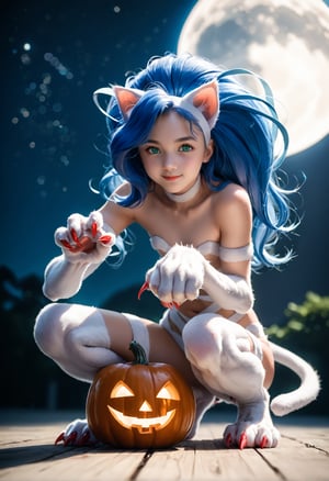 (masterpiece,score_9,score_8_up,score_7_up,score_6_up),FeliciaXLP,animal ears,blue hair,green eyes,(claws,body fur),cat tail,smile,squatting,paw pose,
halloween,pumpkin head,moon light,starry sky,loli,dewy skin,perspiration on the skin,skin texture,fine lines,natural imperfections,light reflections,pores,
glossy skin,Rim Lighting,Subsurface Scattering,God Rays,Chromatic Aberration,Lens Flare,Volumetric Lighting,Anamorphic Lens Flare,
Bloom,Depth of Field,backlight,soft bounced lighting,soft natural lighting,soft shadows