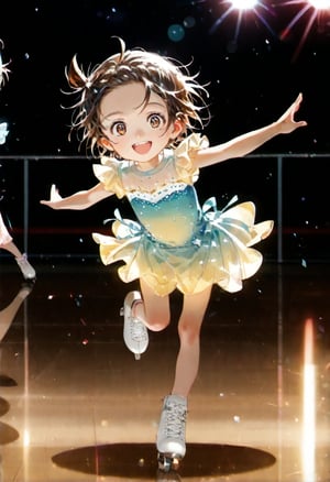 masterpiece,score_9,score_8_up,score_7_up,score_6_up,source_anime,official art,anime screencap,yuitsuka inori,child,solo,looking at viewer,smile,upper teeth,
(dancing,jumping,running),figure costume,see-through dress,microskirt,ice skates,reflection,reflective floor,frozen rink,bule floor,
dewy skin,perspiration on the skin,skin texture,fine lines,pores,natural imperfections,light reflections,glossy skin,shiny skin,
subsurface scattering,god rays,chromatic aberration,lens flare,volumetric lighting,anamorphic lens flare,bloom,depth of field,soft bounced lighting, soft natural lighting,soft shadows,Japanese