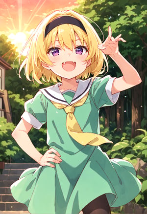 (masterpiece,score_9,score_8_up,score_7_up,score_6_up),anime screencap,loli,blonde,short hair,hair between eyes,purple eyes,smirk,open mouth,skin fang,
blush,(black headband,narrowed eyes,short sleeves,yellow neckerchief,green dress),puffy sleeves,white serafuku,black pantyhose,ojou-sama pose,
hand on hip,dewy skin,perspiration on the skin,skin texture,fine lines,pores,natural imperfections,light reflections,glossy skin,shiny skin,
subsurface scattering,god rays,chromatic aberration,lens flare,volumetric lighting,anamorphic lens flare,bloom,depth of field,soft bounced lighting,
soft natural lighting,soft shadows,outdoors,Japanese countryside,(sunset,orange sky),houjousatoko01,Japanese