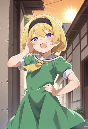 (masterpiece,score_9,score_8_up,score_7_up,score_6_up),anime screencap,loli,blonde,short hair,hair between eyes,purple eyes,smirk,open mouth,skin fang,
blush,(black headband,half-closed eyes,short sleeves,yellow neckerchief,green dress),puffy sleeves,white serafuku,black pantyhose,ojou-sama pose,
hand on hip,dewy skin,perspiration on the skin,skin texture,fine lines,pores,natural imperfections,light reflections,glossy skin,shiny skin,
subsurface scattering,god rays,chromatic aberration,lens flare,volumetric lighting,anamorphic lens flare,bloom,depth of field,soft bounced lighting,
soft natural lighting,soft shadows,outdoors,Japanese countryside,(sunset,orange sky),houjousatoko01
