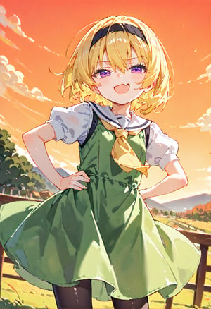 (masterpiece,score_9,score_8_up,score_7_up,score_6_up),blonde,short hair,hair between eyes,purple eyes,smirk,narrowed eyes,blush,open mouth,skin fang,
(black headband,short sleeves,yellow neckerchief,green dress),puffy sleeves,white serafuku,black pantyhose,hand on hip,ojou-sama pose,
outdoor,(Japanese countryside,sunset,orange sky,gradient sky,shiny,shiny skin,shiny outfit),loli,houjousatoko01