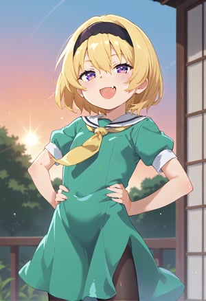 (masterpiece,score_9,score_8_up,score_7_up,score_6_up),anime screencap,loli,blonde,short hair,hair between eyes,purple eyes,smirk,open mouth,skin fang,
blush,(black headband,half-closed eyes,short sleeves,yellow neckerchief,green dress),puffy sleeves,white serafuku,black pantyhose,ojou-sama pose,
hand on hip,dewy skin,perspiration on the skin,skin texture,fine lines,pores,natural imperfections,light reflections,glossy skin,shiny skin,
subsurface scattering,god rays,chromatic aberration,lens flare,volumetric lighting,anamorphic lens flare,bloom,depth of field,soft bounced lighting,
soft natural lighting,soft shadows,outdoors,Japanese countryside,(sunset,orange sky),houjousatoko01