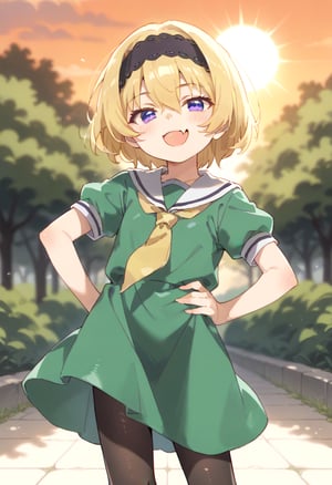 (masterpiece,score_9,score_8_up,score_7_up,score_6_up),anime screencap,loli,blonde,short hair,hair between eyes,purple eyes,smirk,open mouth,skin fang,
blush,(black headband,narrowed eyes,short sleeves,yellow neckerchief,green dress),puffy sleeves,white serafuku,black pantyhose,ojou-sama pose,
hand on hip,dewy skin,perspiration on the skin,skin texture,fine lines,pores,natural imperfections,light reflections,glossy skin,shiny skin,
subsurface scattering,god rays,chromatic aberration,lens flare,volumetric lighting,anamorphic lens flare,bloom,depth of field,soft bounced lighting,
soft natural lighting,soft shadows,outdoors,Japanese countryside,(sunset,orange sky),houjousatoko01