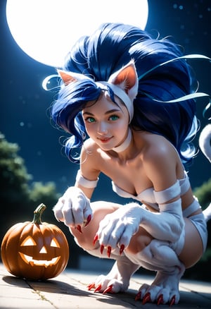 masterpiece,score_9,score_8_up,score_7_up,score_6_up,fyx,animal ears,blue hair,green eyes,(claws,body fur),strapless,cat tail,smile,squatting,paw pose,
halloween,pumpkin head,moon light,starry sky,dewy skin,perspiration on the skin,skin texture,fine lines,natural imperfections,light reflections,pores,
glossy skin,Rim Lighting,Subsurface Scattering,God Rays,Chromatic Aberration,Lens Flare,Volumetric Lighting,Anamorphic Lens Flare,
Bloom,Depth of Field,backlight,soft bounced lighting,soft natural lighting,soft shadows,FeliciaXLP,feliciads