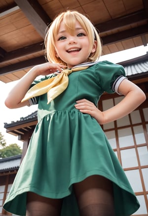 (masterpiece,score_9,score_8_up,score_7_up,score_6_up),(child:1.3),low-angle_view,brown eyes,blonde,short hair,hair between eyes,black head band,
(green dress,smile,black pantyhose,narrowed eyes,yellow neckerchief),open mouth,short sleeves,white serafuku,puffy sleeves,miniskirt,
leaning backward,hand on hip,stretching,outdoors,Japanese house,countryside,(sunset,orange sky),
dewy skin,perspiration on skin,skin texture,fine lines,natural imperfections,light reflections,pores,glossy skin,
houjousatoko01,beautiful_female_fingers,perfect hands,detailed hands,beautiful hands