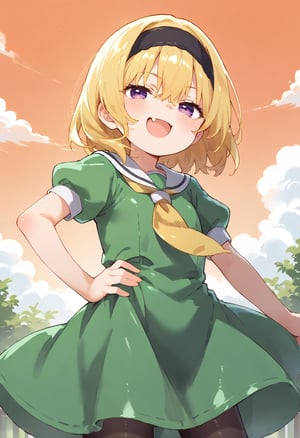 (masterpiece,score_9,score_8_up,score_7_up,score_6_up),blonde,short hair,hair between eyes,purple eyes,smirk,narrowed eyes,blush,open mouth,skin fang,
(black headband,short sleeves,yellow neckerchief,green dress),puffy sleeves,white serafuku,black pantyhose,hand on hip,ojou-sama pose,
outdoor,(Japanese countryside,sunset,orange sky,gradient sky,shiny,shiny skin,shiny outfit),loli,houjousatoko01