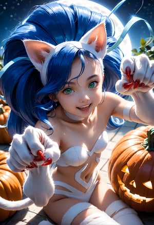 masterpiece,score_9,score_8_up,score_7_up,score_6_up,high-angle view,animal ears,blue hair,green eyes,(paw pose,claws,body fur),strapless,cat tail,
sitting,smile,open mouth,pumpkin head,moon light,starry sky,child,dewy skin,perspiration on the skin,skin texture,fine lines,natural imperfections,pores,
light reflections,glossy skin,Rim Lighting,Subsurface Scattering,God Rays,Chromatic Aberration,Lens Flare,Volumetric Lighting,Anamorphic Lens Flare,
candlelight,Bloom,Depth of Field,backlight,soft bounced lighting,soft natural lighting,soft shadows,FeliciaXLP,feliciads