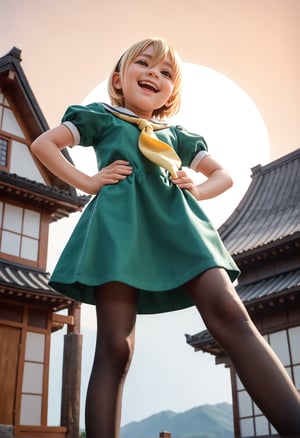 (masterpiece,score_9,score_8_up,score_7_up,score_6_up),(child:1.3),low-angle_view,brown eyes,blonde,short hair,hair between eyes,black head band,
(green dress,smile,black pantyhose,narrowed eyes,yellow neckerchief),open mouth,short sleeves,white serafuku,puffy sleeves,miniskirt,
leaning backward,hand on hip,stretching,outdoors,Japanese house,countryside,(sunset,orange sky),
dewy skin,perspiration on skin,skin texture,fine lines,natural imperfections,light reflections,pores,glossy skin,
houjousatoko01,beautiful_female_fingers,perfect hands,detailed hands,beautiful hands