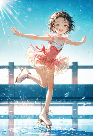 (masterpiece,score_9,score_8_up,score_7_up,score_6_up,source_anime),yuitsuka inori,solo,looking at viewer,smile,upper teeth,half-closed eyes,short hair,
(dancing,jumping,running),figure costume,pink dress,see-through dress,short dress,ice skates,reflection,reflective floor,frozen rink,blue floor,
dewy skin,perspiration on the skin,skin texture,fine lines,pores,natural imperfections,light reflections,glossy skin,shiny skin,
subsurface scattering,god rays,chromatic aberration,lens flare,volumetric lighting,anamorphic lens flare,bloom,depth of field,soft bounced lighting, soft natural lighting,soft shadows,Japanese,Japan Vibes