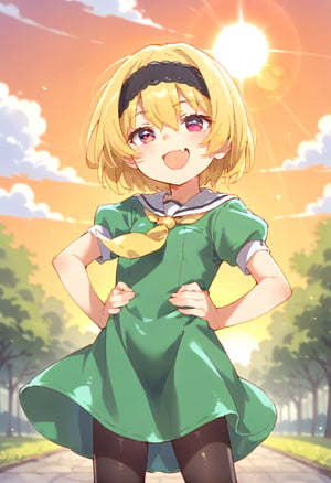 (masterpiece,score_9,score_8_up,score_7_up,score_6_up),anime screencap,loli,blonde,short hair,hair between eyes,purple eyes,smirk,open mouth,skin fang,
blush,(black headband,half-closed eyes,short sleeves,yellow neckerchief,green dress),puffy sleeves,white serafuku,black pantyhose,ojou-sama pose,
hand on hip,dewy skin,perspiration on the skin,skin texture,fine lines,pores,natural imperfections,light reflections,glossy skin,shiny skin,
subsurface scattering,god rays,chromatic aberration,lens flare,volumetric lighting,anamorphic lens flare,bloom,depth of field,soft bounced lighting,
soft natural lighting,soft shadows,outdoors,Japanese countryside,(sunset,orange sky),houjousatoko01
