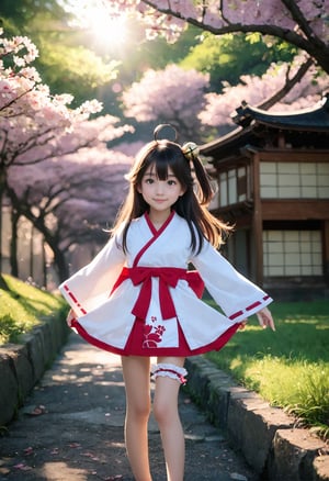 zPDXLrl,(masterpiece,score_9,score_8_up,score_7_up,score_6_up),Japanese,female child,smile,cowboy shot,MikoBase,long hair,ahoge,one side up,hair bell,cherry blossom print,nontraditional miko,frills,
single thighhigh,bridal garter,outdoors,Japan Vibes,(zPDXL2),
Rim Lighting,Subsurface Scattering,God Rays,Chromatic Aberration,Lens Flare,Volumetric Lighting,Anamorphic Lens Flare,Bloom,Depth of Field,backlight,soft bounced lighting,soft natural lighting,soft shadows