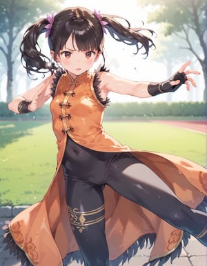 ling xiaoyu, chinese clothes,fingerless gloves,bracelet,single glove,score_9,score_8_up,score_7_up,score_6_up,1girl,open mouth,serious,blush,(fighting pose,kick,legs up,shiny skin,wet body,oiled,heavy breathing),outdoors,park,rim lighting,subsurface scattering,god rays,chromatic aberration,bokeh,lens flare,volumetric lighting,anamorphic lens flare,bloom,depth of field,backlight,soft bounced lighting,soft natural lighting,soft shadows,spot light