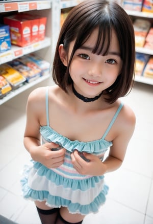 (masterpiece,score_9,score_8_up,score_7_up,score_6_up,fyx,high-angle_view),foreshortening,upper body,female child,small breasts,
walking,hands on breasts,looking at viewer,(smile,half open eyes),brown eyes,black hair,one side up,choker,multicolored camisole,frills,thighhighs,
dewy skin,perspiration on the skin,skin texture,fine lines,pores,natural imperfections,light reflections,glossy skin,photo background,convenience store,
Japanese,enakorin