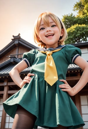 (masterpiece,score_9,score_8_up,score_7_up,score_6_up),(child:1.3),[low-angle_view],brown eyes,blonde,short hair,hair between eyes,black head band,
(green dress,smile,black pantyhose,narrowed eyes,yellow neckerchief),open mouth,short sleeves,white serafuku,puffy sleeves,miniskirt,
leaning backward,hand on hip,stretching,outdoors,Japanese house,countryside,(sunset,orange sky),
dewy skin,perspiration on skin,skin texture,fine lines,natural imperfections,light reflections,pores,glossy skin,
houjousatoko01,beautiful_female_fingers,perfect hands,detailed hands,beautiful hands