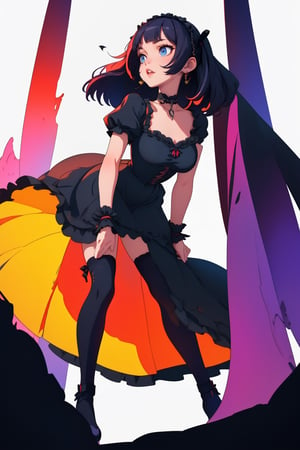 (high resolution), (8K), (extremely detailed), (4k), best quality, ((masterpiece, best quality)), ((((dull colors)))), expressive eyes, perfect face, ((1girl)), (1girl), ((goth lolita girl)), ((black dress)), (black and purple bangs hair), (((white background)))