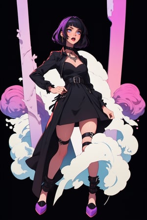 (high resolution), (8K), (extremely detailed), (4k), best quality, ((masterpiece, best quality)), ((((dull colors)))), expressive eyes, perfect face, ((1woman)), ((goth woman)), ((black dress)), (black and purple bangs hair), (((white background))), ((no background)),GothGal