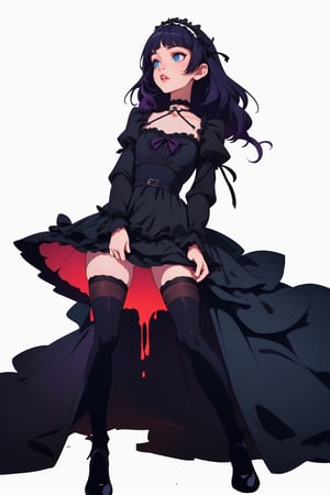 (high resolution), (8K), (extremely detailed), (4k), best quality, ((masterpiece, best quality)), ((((dull colors)))), expressive eyes, perfect face, ((1girl)), (1girl), ((goth lolita girl)), ((black dress)), (black and purple bangs hair), (((white background)))