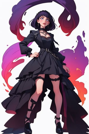 (high resolution), (8K), (extremely detailed), (4k), best quality, ((masterpiece, best quality)), ((((dull colors)))), expressive eyes, perfect face, ((1woman)), ((goth woman)), ((black dress)), (black and purple bangs hair), (((white background))), ((no background)),GothGal