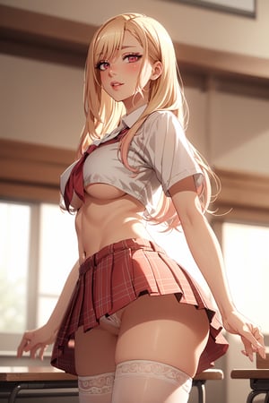 8k, best quality, sharp focus, perfect, masterpiece, tall, 
(((legs spread, , round breasts)))
(kitagawa marin, Sono Bisque Doll wa Koi wo Suru)
anime, manhva, half_length_portrait, school
perfect realistic hands, perfect fingers, perfect hands v3,
(1girl):
16 years old, anime perfect girl, 
(school uniform, microskirt, plaid skirt, white crop top, underboob, thighhighs), 
(haughty look, pink eyes, beatiful, big eyes, long eyelashes, eye-liner),
(woman middle blonde hair, curled)
cute, perfect body, small nose, little smile, blush, pink skin,round ass, hourglasses body, smll breast, thic_waist, perfect hips, parted lips, red big lips,
motion blur, blurry_light_background,school uniform,skirt, miniskirt