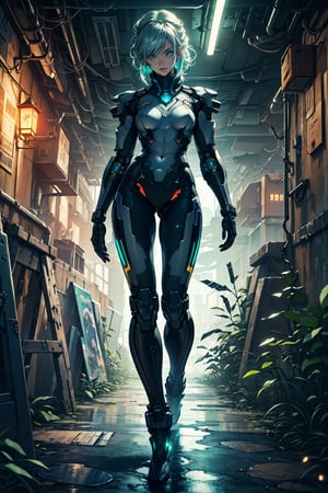 full body girl, (masterpiece+artwork+best quality+better), (extremely detailed 8k CG unity wallpaper), (environment details+detailed particles), {a cute girl+dark skin+intense+bright green detailed eyes}, [cute place background+soap bubbles+rustic lighting+steampunk+cyberpunk clothes], full_body., Energy light particle mecha