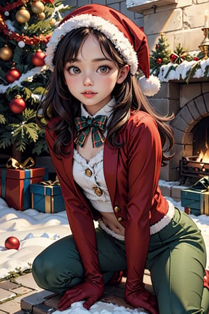 1 girl, chic solo with Christmas outfit, green pantsuit, red micro skirt, green brazier, red Christmas sombrero, red gloves, red boots, Christmas tree, chimenea, Christmas ornaments,Santa Claus,leonardo