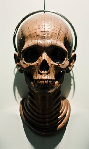 symmetrical and frontal portrait of a skull, front and semi-symmetrical, Focus on a human skull, A portrait of a skull, moebius style illustration, human skull as a trophy hanging on a wall, aesthetic, score_9, score_8_up, score_7_up, lPortrait, Only part of the skull, A biomechanical human skull in the style of H.R. Giger, skull attached to cyberpunk biomechanical machine, skull embedded in a biomechanical machine, suspended and welded to a biomechanical wall, characteristic of H.R. Giger, its shape is a hypnotic fusion of a biomechanical human skull of a human being in the style of H.R. giger, an ominously intricate machine, parts of the crane subtly morph into cold yet complex metallic contours, dark environment with fog, Human skull subtly attached and fused to the biomechanical environment, biomechanical pipes, water vapor and fog surround her, horror atmosphere, slimy slime drips from her body, alien style 1979

legendofnerd style, simple BREAK background, diagonal abstract structure on the background. add text as artist signature "Drauka"

color pencil, sketch, painting, paper texture, art_solyanka, SKP-highly detailed, SamYoung_Illustration