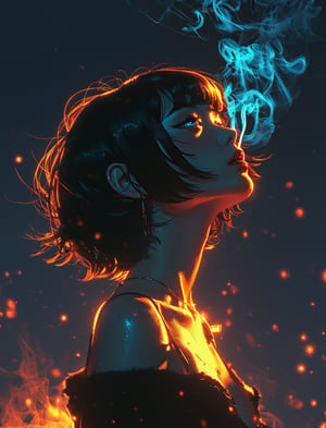 Vaporwave, 2d anime art illustratuon, moxin, ink splatters and bold brush lines, dark silhouette of a woman in a pitch black void, orange rim lighting gradually changing into red room lighting, eyes glowing with cold blue light, rising smoke, fever dream, chrome skin, volumetric lighting, subsurface scattering, godrays, frosted particles