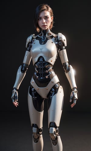 A female cyborg wearing a white exoskeleton, standing facing the viewer, displaying her intricate mechanical body, with a hint of sadness in her eyes. [digital art, cyberpunk, realistic], [Greg Rutkowski, Simon Stålenhag], [3D render, detailed textures, metallic sheen, soft lighting, dark background, focus on exoskeleton]