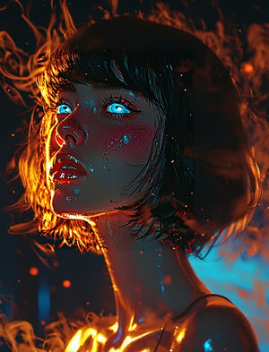 Vaporwave, 2d anime art illustratuon, moxin, ink splatters and bold brush lines, dark silhouette of a woman in a pitch black void, orange rim lighting gradually changing into red room lighting, eyes glowing with cold blue light, rising smoke, fever dream, chrome skin, volumetric lighting, subsurface scattering, godrays, frosted particles