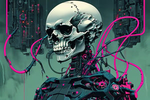 Vaporwave, 2d anime art illustratuon, moxin, ink splatters and bold brush lines, dark silhouette of a symmetrical and frontal portrait of a skull, front and semi-symmetrical, Focus on a human skull, A portrait of a skull, moebius style illustration, human skull as a trophy hanging on a wall, aesthetic, score_9, score_8_up, score_7_up, lPortrait, Only part of the skull, A biomechanical human skull in the style of H.R. Giger, skull attached to cyberpunk biomechanical machine, skull embedded in a biomechanical machine, suspended and welded to a biomechanical wall, characteristic of H.R. Giger, its shape is a hypnotic fusion of a biomechanical human skull of a human being in the style of H.R. giger, an ominously intricate machine, parts of the crane subtly morph into cold yet complex metallic contours, dark environment with fog, Human skull subtly attached and fused to the biomechanical environment, biomechanical pipes, water vapor and fog surround her, horror atmosphere, slimy slime drips from her body, alien style 1979

legendofnerd style, simple BREAK background, diagonal abstract structure on the background. add text as artist signature "Drauka"

color pencil, sketch, painting, paper texture, art_solyanka, SKP-highly detailed, SamYoung_Illustration