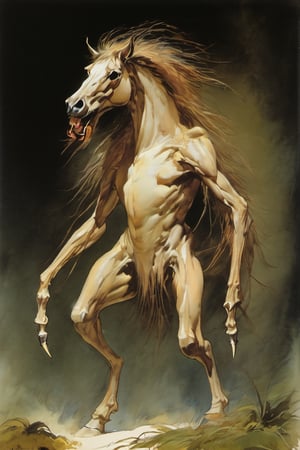 centaur, head like a horse, like a horse body, standing on two feet, tikbalang is a creature of Philippine folklore said to lurk in the mountains and rainforests of the Philippines. It is a tall, bony humanoid creature with the head and hooves of a horse and disproportionately long limbs, to the point that its knees reach above its head when it squats down, detailed tail, detailed nose, terror, frightening, scream, scary, halloween, vignette the side frame, dark black background, feather edges, gradual darkening effect of the side frame, vignette the side frame, whole body, whole image, detailed eyes, detailed hands, detailed face, detailed body, detailed clothes, high quality, cinematic, 