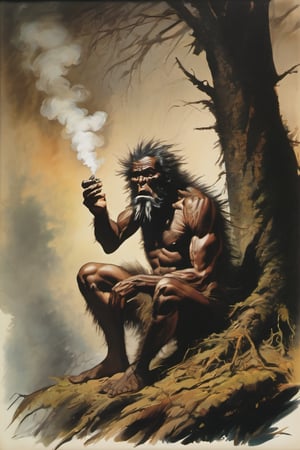 smoking kapre, kapre is a creature that may be described as a tree giant, being a tall, dark-coloured, hairy, and muscular creature. Kapres are also said to have a very strong body odour and to sit in tree branches to smoke, big tabacco, holding big tabacco, smoke tabacco, smoking tabacco, holding tabacco, smoking, detailed face, detailed eyes, detailed mouth, muscular, detailed hands, detailed legs, sitting on top the tree, muscle, terror, frightening, scream, scary, halloween, vignette the side frame, dark black background, feather edges, gradual darkening effect of the side frame, vignette the side frame, whole body, whole image, detailed eyes, detailed hands, detailed face, detailed body, detailed clothes, high quality, cinematic, 