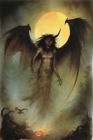 The manananggal (Tagalog: mana'nang'gal) is a mythical creature in the Philippines that is able to separate its upper torso from the lower part of its body. Their fangs and wings give them a vampire-like appearance. Manananggal. Gender. Male / Female, terror, frightening, scream, scary, halloween_2020, vignette the side frame, dark background, feather edges, gradual darkening effect of the side frame, vignette, whole body, whole image