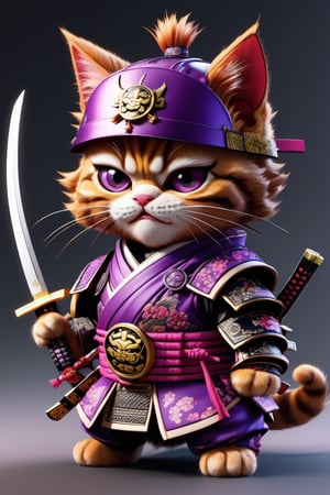 a small angry kitten dressed as a samurai, purple color and white, with mechanical parts, showing teeth, waving a katana, great detail, many small details