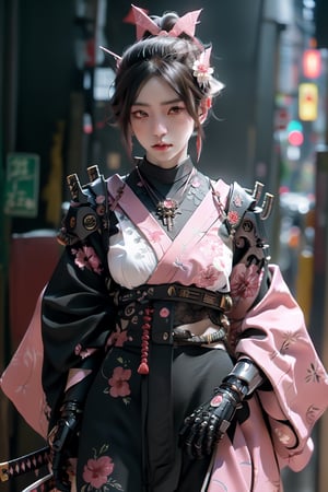 Samurai, (masterpiece, best quality: 1.3), extremely detailed, intricate, 8k, HDR, female, samurai kimono, pink color and black, cyborg, pale face, accessories, necklace
