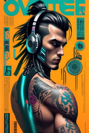 a cyberpunk magazine cover,  ((fashion cover, a nice cyber boy on it, with headphones, hair combed back, with a tattoo on his cheek))
