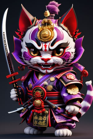 a small angry kitten dressed as a samurai with a japanese oni mask, purple and white color, with mechanical parts, showing teeth, waving a katana, great detail, many small details
