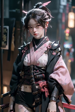 Samurai, (masterpiece, best quality: 1.3), extremely detailed, intricate, 8k, HDR, female, samurai kimono, pink color and black, cyborg, pale face, accessories, oni mask in hands accessories, necklace