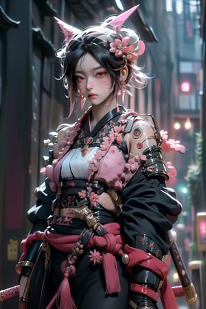 Samurai, (masterpiece, best quality: 1.3), extremely detailed, intricate, 8k, HDR, female, samurai kimono, pink color and black, cyborg, pale face, accessories, necklace,yaohu