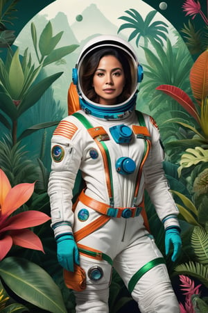Position the Mexican female astronaut at the center of the design, standing confidently in her spacesuit.
Surround her with an otherworldly Venusian jungle landscape, characterized by exotic plants, vibrant colors, and mysterious flora