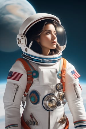 Design the astronaut's spacesuit to be both functional and aesthetically pleasing, with a fusion of modern technology and cultural elements.
Incorporate traditional Mexican patterns or motifs onto the suit to represent her heritage.
