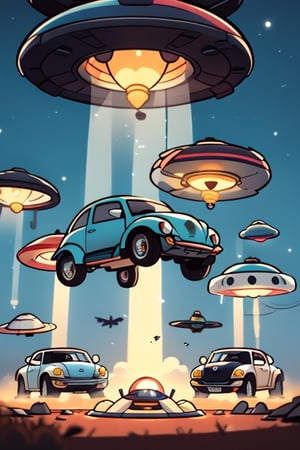 a dusk sky with 25 flying saucers. Beams of light emanating from each saucer, with silhouettes of a plethora of 2010 new beetle cars in the foreground, background roswell, nm



