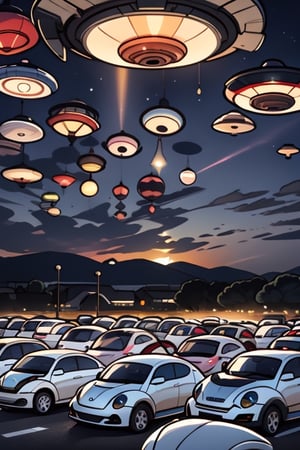 a dusk sky with 25 flying saucers. Beams of light emanating from each saucer, with silhouettes of a plethora of 2010 new beetle cars in the foreground, background roswell, nm



