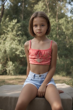 (beautiful face, 8K, HDR, HD.Masterpiece, Hyperrealistic),Full body view of a tween girl with well-formed body and short hair, 11yo, italian, nice hip, nice waist, outside, photorealistic, photography,(sitting or standing in alluring pose),Ultra-Realitic, Ultra-sharp. Vibrant,